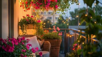 Charming Balcony Garden at Night with String Lights photo