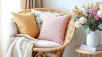 Cozy Wicker Chair with Soft Pillows and Flowers photo