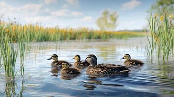 Family of Ducks Swimming in a Pond photo