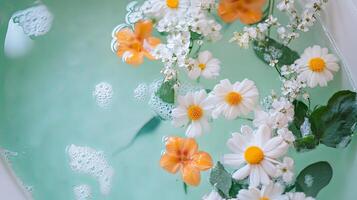 Delicate Floral Arrangement in a Teal Bath photo