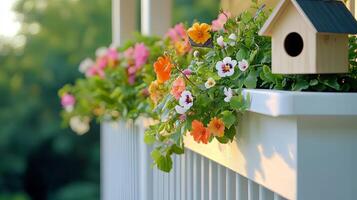 A Colorful Balcony Garden with a Birdhouse photo