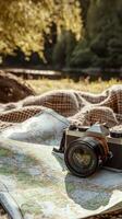 Vintage Camera on a Map, Nature Picnic photo