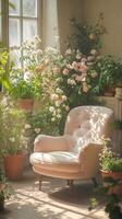 Pink Chair with Roses and Sunlight photo