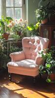 Pink Armchair in a Sunlit Room with Plants photo