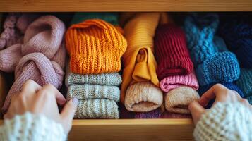 Colorful Knitted Clothes in Organized Drawer photo