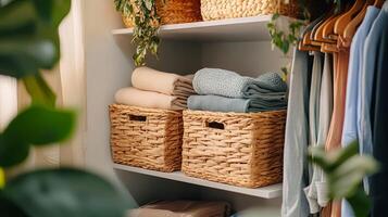 Well-Organized Closet with Baskets and Clothes photo