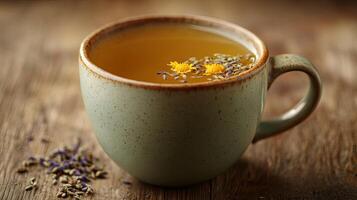 Delicate Floral Herbal Tea in a Rustic Cup photo