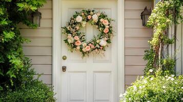 Beautiful Spring Floral Wreath on a White Door photo