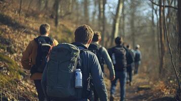 Hikers on a Fall Forest Trail photo