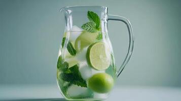 Refreshing Iced Lime Mint Drink in a Glass Pitcher photo