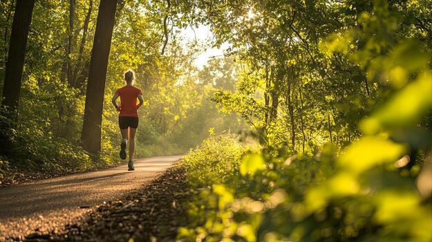 Woman Running in a Sunny Forest Path photo