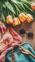 Springtime Tulips, Scarf, Sunglasses, and Bag photo