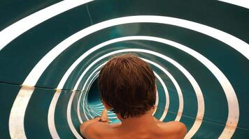 Child enjoying a thrilling ride down a water slide into a swimming pool, creating splashes and laughter on a sunny day video