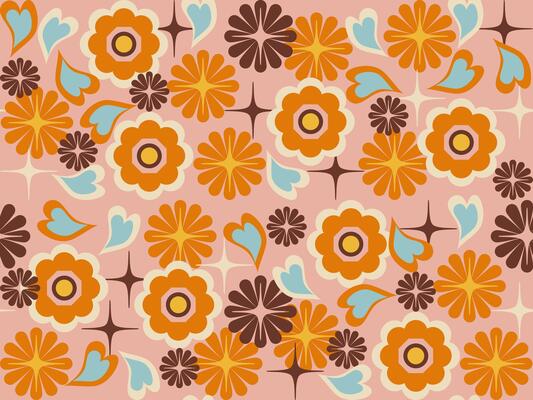Hippie Heart Star Vintage 70s Floral Pattern Geometry On Pink Background.