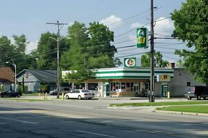 Exploring Suburban Streetscapes. Observing Buildings, Vehicles, and Greenery on a Sunny Day in a Quiet Neighborhood, Featuring a Detailed Look at Local Architecture and Transportation. photo