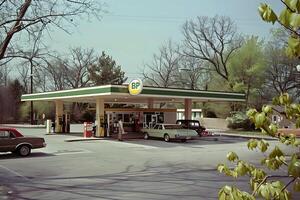 Vintage Gas Station Scene. Classic Cars Refuel at a Retro Filling Station Under a Canopy of Trees in Springtime, Showcasing Nostalgic Automotive and Architectural Design. photo
