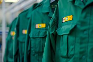 Green Uniforms Hanging in a Row, Ready for Service, Professional Workwear, Clean and Crisp, Organization and Preparation, Neatly Arranged, Industry Standard Garments, Uniform Color Consistency, photo