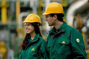 Industrial Workers Collaborate on a Project, Wearing Safety Gear and Uniforms, Demonstrating Teamwork and Safety Practices in a Manufacturing Setting,Highlighting the Importance of Occupational Safety photo