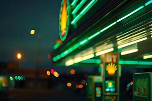 Night Lights Captivate. Vibrant Neon Green and Yellow Illumination at a Gas Station, Blurry Cityscape Background, Motion Effect Creates Dynamic Visuals. Abstract Urban Photography photo
