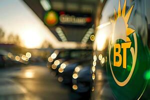 Fuel Station at Sunset. Golden Hour Illumination Captures the Essence of Energy and Travel, Reflecting the Vibrant Colors of a Scenic Drive. photo