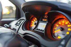 Exploring Automotive Instrument Panel. Gauges, Displays, and Night Illumination in Vehicle Interiors. A Detailed Look at Modern Car Dashboard Design and its Technological Advancements. photo