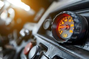 Close-up View of an Illuminated Vehicle Gauge. Precise Measurement of Speed and Fuel, Displaying Accurate Readings in a Dashboard Setting. Illuminated Numbers Provide Clear Visibility. photo
