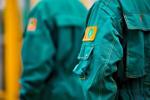 Teal Work Uniforms. Observing the Fabric Texture, Seams, and Pockets of Professional Apparel for Enhanced Durability and Style in Industrial Settings, Examining the Importance of Protective Workwear photo