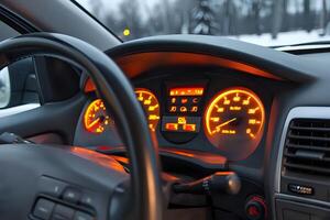 Illuminated Car Dashboard. Speedometer, Fuel Gauge, and Warning Lights Indicate Vehicle Status at Night, Driving at Night with Illuminated Controls photo
