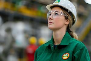 A Female Industrial Worker Wearing Safety Gear Contemplates Future Innovations in Manufacturing Processes, Exploring Advanced Technologies and Sustainable Practices in a Modern Factory Setting. photo