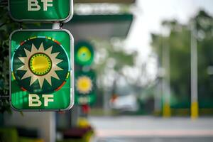 Green Signage with Starburst Design. Fuel Station Indicators Displaying Information Clearly and Concisely, Enhancing Customer Experience Significantly. photo