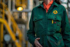 Worker in Green Jumpsuit Performs Industrial Tasks Safely Near Yellow Machinery, Ensuring Efficiency and Adherence to Regulations in the Energy Sector. photo