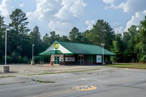 Exploring a roadside building's architectural design and its surrounding landscape under a partly cloudy sky, showcasing the structure's features and the surrounding green environment with tall trees. photo