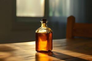 Golden Liquid in Glass Bottle Rests on Wooden Table, Illuminated by Sunlight, Creating a Warm and Serene Atmosphere. A Still Life Study of Light and Shadow, Textures and Colors. photo