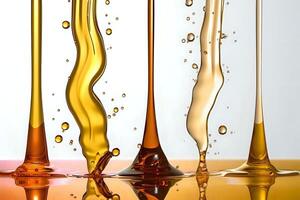 Golden Liquid Streams Flowing, Creating Dynamic Shapes and Reflections, Viscous Substance with Air Bubbles. Abstract Fluid Art Exploration, Oil-Like Texture in Motion. photo