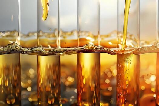 Golden Liquid Pours into Cylindrical Vessels, Creating a Visually Stunning Cascade of Amber Hues, Reflecting Light in Dynamic Patterns. An Exploration of Fluid Dynamics and Visual Aesthetics photo