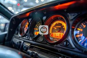 Exploring the Illuminated Dashboard. A Close-Up View of Car Speedometer, Fuel Gauge, and Other Indicators at Night, Revealing Intricate Details and Design Elements. photo