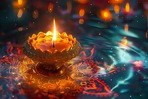 Illuminating Floating Candle's Warm Glow on Water with Intricate Design, Reflecting Light and Creating a Serene Atmosphere. Spiritual Symbolism and Tranquil Ambiance for Meditation. photo