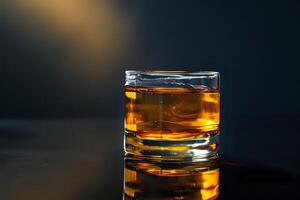 Golden Liquid in a Glass Reflecting Light. A Study of Color, Texture, and Light Play on a Dark Background. Exploring the Visual Appeal of Drinks and Their Ambiance. photo