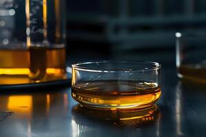 Amber Liquid in Glassware. A Close-Up View of a Scientific Experiment, Reflecting Light and Laboratory Equipment, with a Focus on the Detailed Texture and Color of the Substance in the Glass Vessel. photo