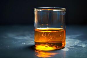 Amber Liquid in Glass. Close-Up View of a Golden Beverage, Sparkling Reflections and Shimmering Texture. Detailed Examination of the Color and Clarity. Viscous Fluid in Cylindrical Container photo