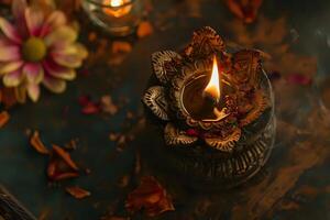 Ornate Lamp Illuminates Petals. A Tranquil Scene of Warmth and Serenity, Embracing the Beauty of Stillness and Inner Peace with Soft Glowing Light. photo