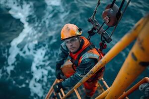 Offshore Worker Ascends a Platform Ladder During Rough Seas, Performing Essential Maintenance Tasks Safely with Specialized Equipment, High Above the Ocean's Turbulent Waves photo