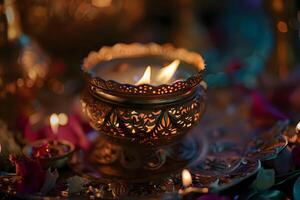 Intricate Metalwork Container Holds Flickering Candlelight, Creating a Serene and Tranquil Atmosphere. Illuminated Floral Decorations Enhance the Peaceful Ambiance with Warm, Glowing Light. photo