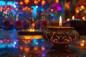 A Single Candle Burns Brightly, Illuminating Intricate Patterns Against a Blurred Background of Festive Lights. A Study in Warmth and Contrast, Captivating Ambiance of a Serene Night photo