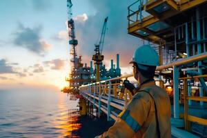 Offshore Oil Rig Worker Observes Sunset. A Day's End on the Platform, Reflecting on Industry and Global Energy, Amidst the Vast Ocean during Golden Hour photo