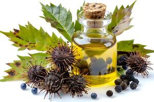 Discover the Natural Benefits of Plant-Based Oils. Exploring Botanical Extracts for Wellness and Beauty, Featuring Unique Seed Pods and Berries in a Glass Bottle, Detailed Close-Up View. photo