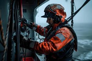 A Sailor Works on a Ship's Ropes in a Snowstorm. Maritime Worker's Dexterity and Resilience Amidst Harsh Weather Conditions, Highlighting the Challenges and Thrills of Seafaring Life photo