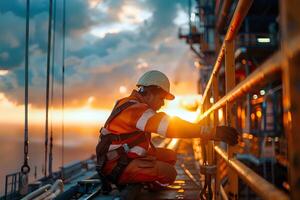 Worker Inspects Industrial Structure at Sunset. Safety Procedures and Offshore Platform Maintenance during Golden Hour. A Detailed View of Rigorous Inspection Methods in the Energy Sector. photo
