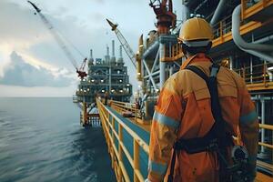 Offshore Oil Rig Worker Walks Platform, Overseeing Complex Machinery and Operations at Sea, Ensuring Safety Procedures, Maintaining Industrial Equipment, Demonstrates Commitment to Energy Production. photo