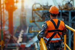 Worker in Safety Gear Observes Industrial Construction Site Operations, Ensuring Safety Protocols, and Overseeing Complex Machinery in Action, While Maintaining Vigilance and Adhering to Regulations. photo